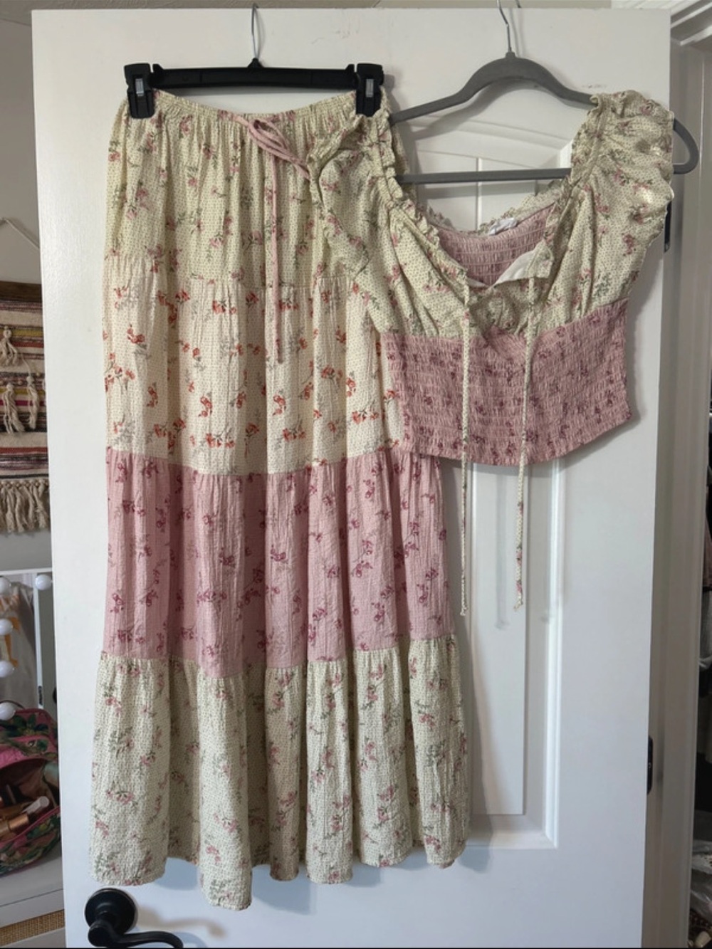 Floral Tiered Maxi Skirt in Cream and Dusty Pink